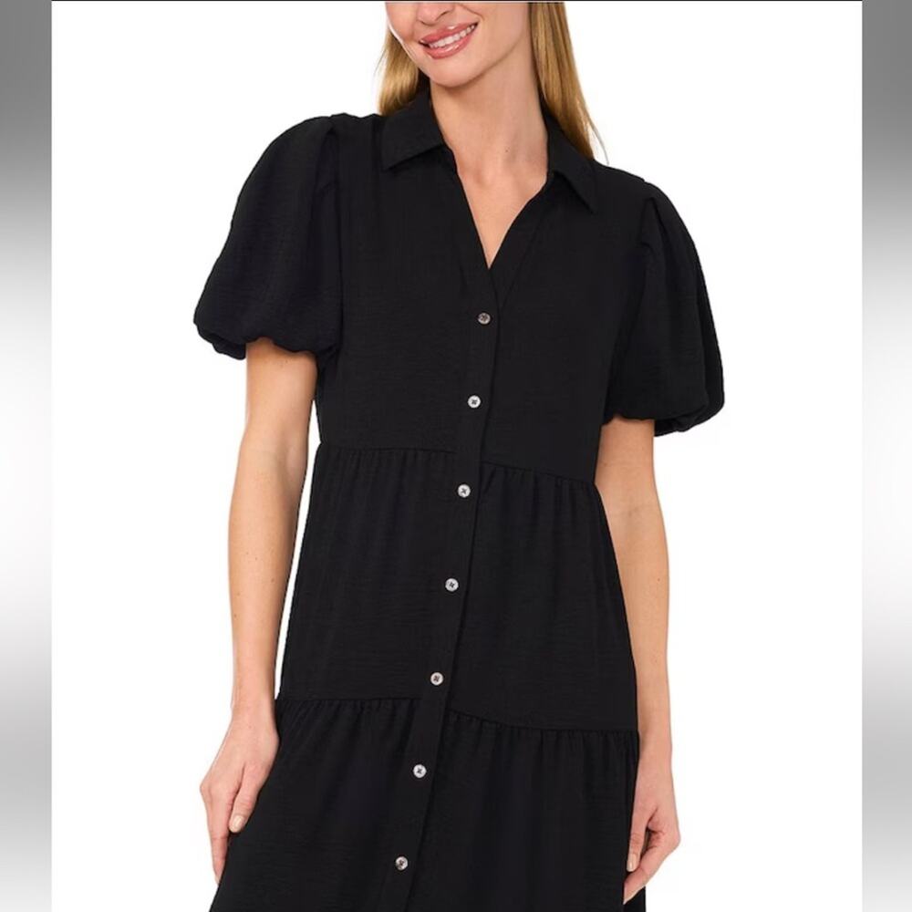 NEW Cece Gauze Short Puff Sleeve Tiered Midi Shirt Dress in Black - Size L - Picture 2 of 7